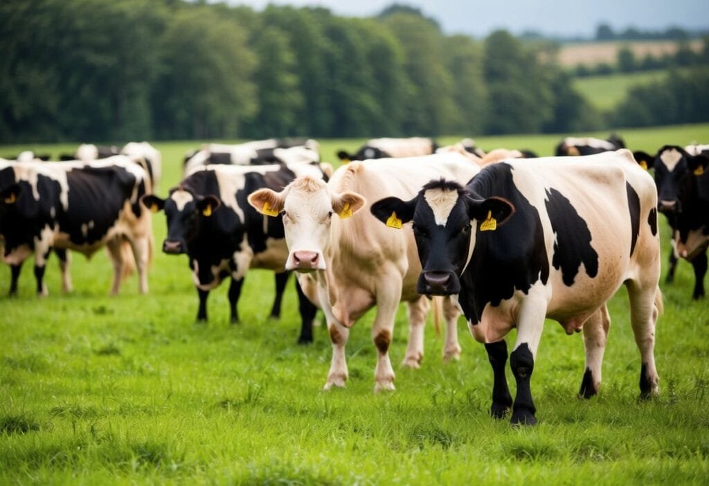A herd of Gelbvieh cattle graze in a lush, green pasture, showcasing their strength and productivity